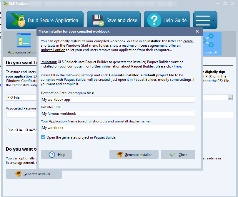 Installer generator dialog