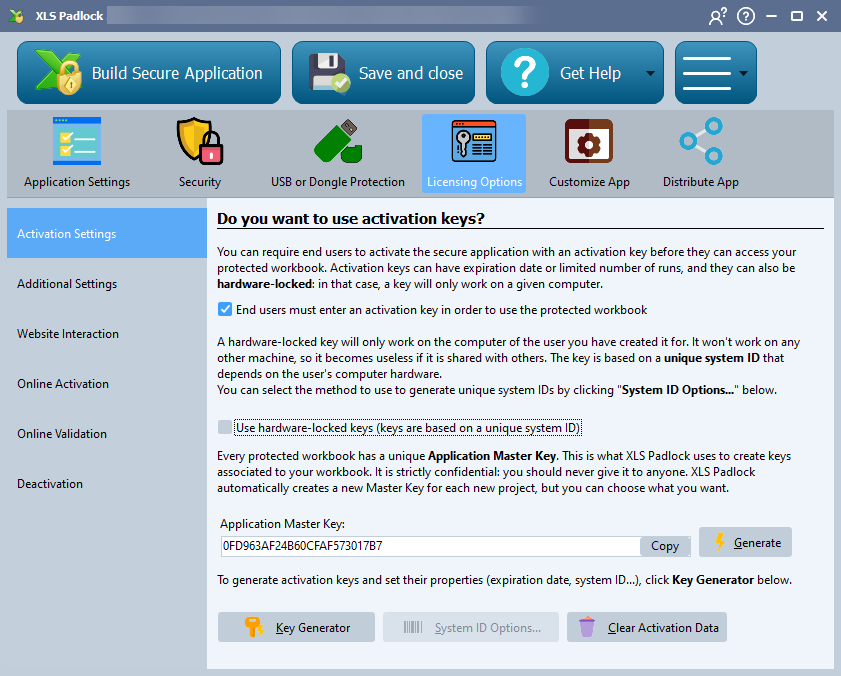 The activation keys panel in XLS Padlock