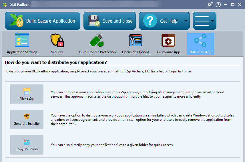 Die Registerkarte Distribute App von XLS Padlock zeigt die Verteilungsmethoden Make Zip, Generate Installer und Copy To Folder für eine kompilierte Arbeitsmappe.