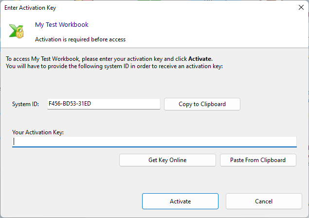 A caixa de diálogo Enter Activation Key (Inserir chave de ativação) em uma planilha compilada, mostrando o System ID da máquina e o campo onde o cliente cola sua chave de ativação.