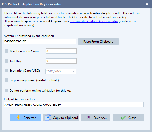 A caixa de diálogo do XLS Padlock Application Key Generator gerando uma chave de ativação a partir do System ID fornecido pelo usuário final.