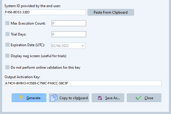 The XLS Padlock key generator creating an activation code