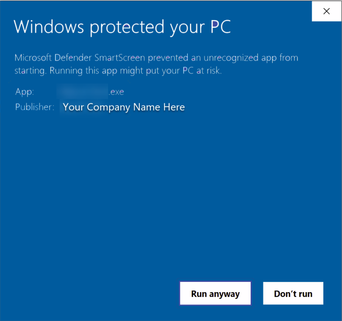 Ein Windows SmartScreen Dialog, der den Herausgebernamen auf einem codesignierten Installer anzeigt, mit den Schaltflächen Run anyway (Trotzdem ausführen) und Don't run (Nicht ausführen).