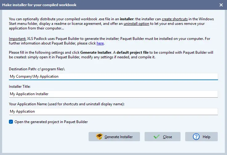 Der XLS Padlock Make Installer Dialog mit Feldern für Destination Path (Zielpfad), Installer Title (Installer-Titel) und Application Name (Anwendungsname) sowie einer Schaltfläche Generate Installer (Installer generieren).