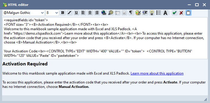 Der Registration Form Editor von XLS Padlock, mit dem HTML-Quelltext des Aktivierungsdialogs auf der einen Seite und einer Live-Vorschau des gerenderten Dialogs auf der anderen.