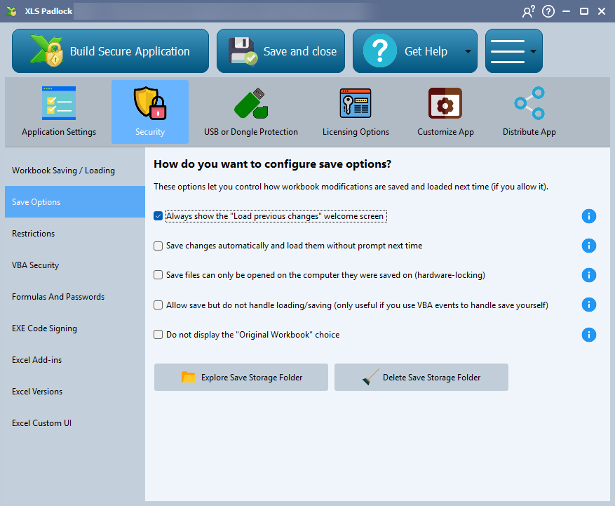 Das Bedienfeld Save Options (Speicheroptionen) im XLS Padlock-Editor, mit Kontrollkästchen zum Anzeigen des Begrüßungsbildschirms, automatischen Speichern und Laden, Sperren gespeicherter Dateien auf einen Computer und mehr.