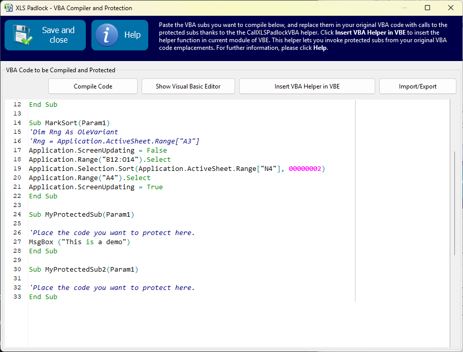 Das Fenster VBA Compiler and Protection von XLS Padlock, mit eingefügten Beispiel-Subs und der bereitstehenden Schaltfläche Compile Code.