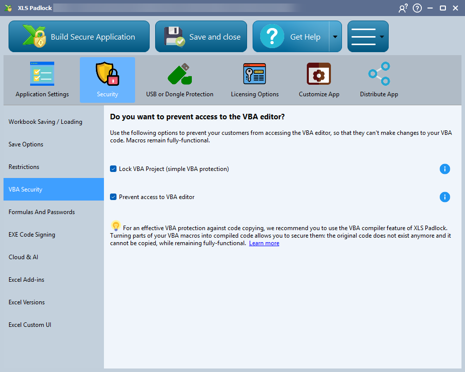 L'onglet Security de XLS Padlock sur VBA Security, avec Lock VBA Project et Prevent access to VBA editor activés.