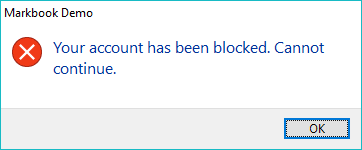 Ein Windows-Dialog der kompilierten Arbeitsmappe mit dem Text 'Ihr Konto wurde gesperrt. Fortsetzen nicht möglich.' und einer OK-Schaltfläche, angezeigt, wenn die zentrale Validierung den Zugriff verweigert.