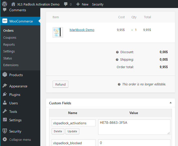 Eine WooCommerce-Bestellung in der WordPress-Verwaltung, die das benutzerdefinierte Feld xlspadlock_activations zeigt, das die System-IDs aufzeichnet, auf denen eine Bestellung aktiviert wurde.
