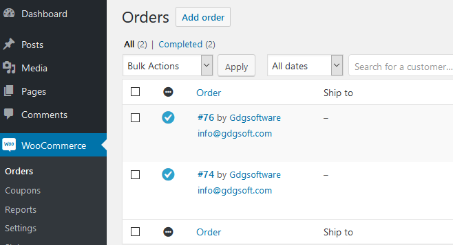 Der WooCommerce-Bestellungen-Bildschirm in der WordPress-Verwaltung mit zwei von Kunden bezahlten, abgeschlossenen Bestellungen.