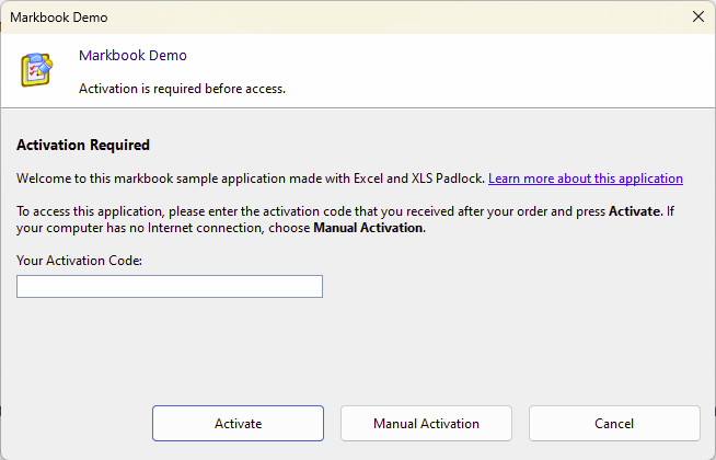 XLS Padlock Workbook Demo Activation Screen