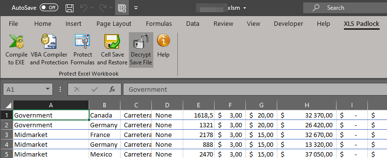 XLS Padlock interface showing protection options